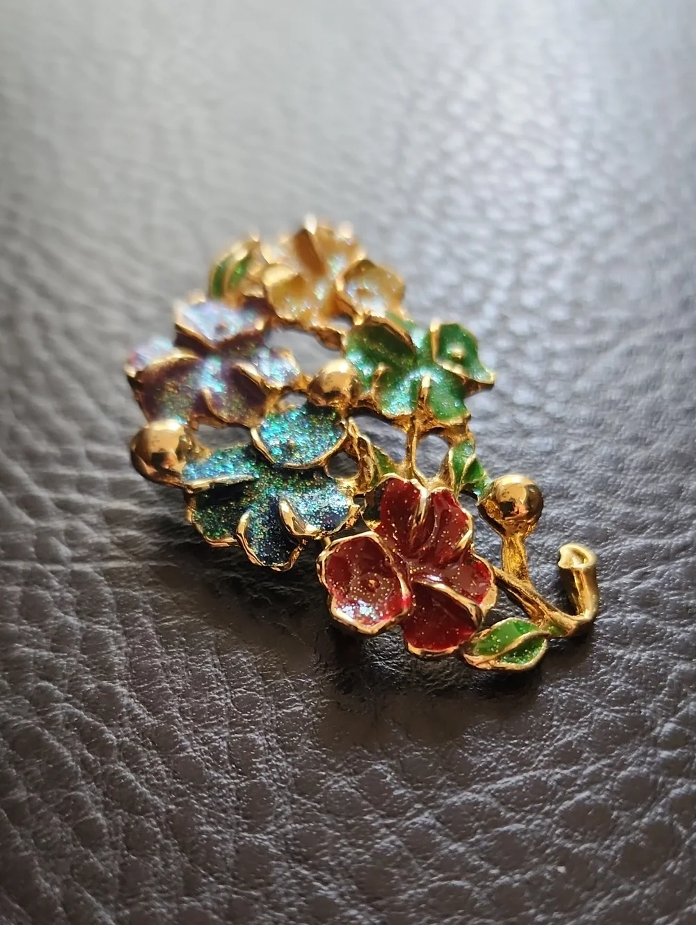 VTG Gold Floral Enamel Brooch with Multicolor Flowers